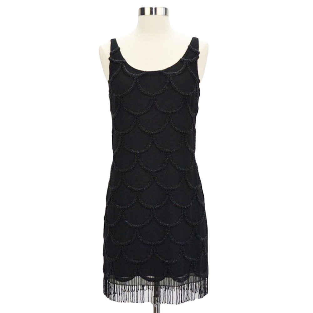 Black Swan Beaded Black Fringe Cocktail Dress